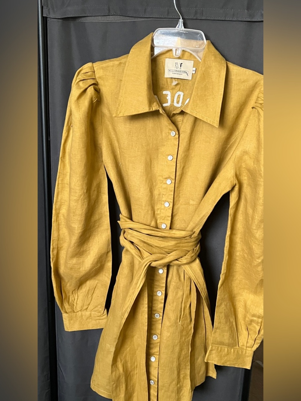 Mustard Button-Front Linen Dress with Waist Tie Beautiful Color